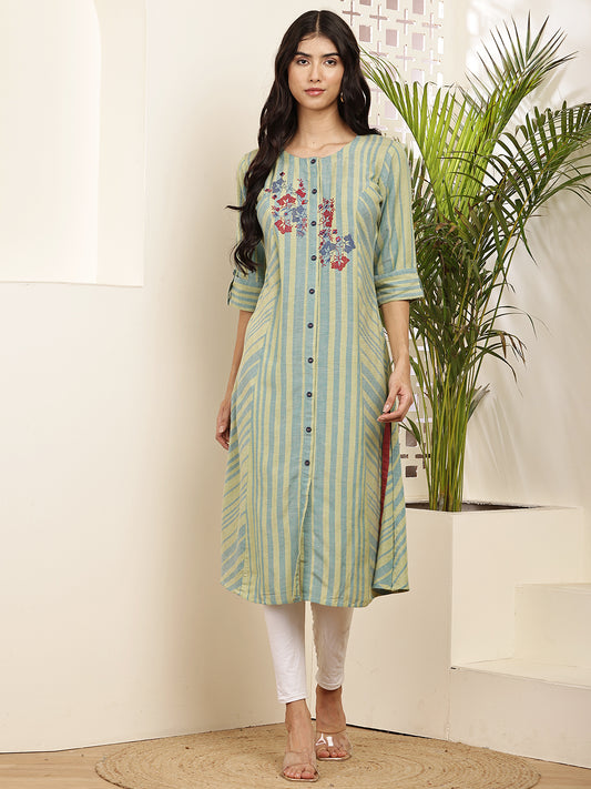 striped kurti with floral embroidery