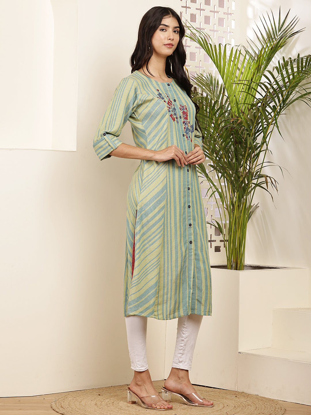 striped kurti with floral embroidery