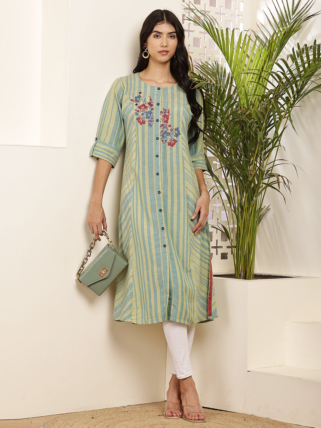 striped kurti with floral embroidery