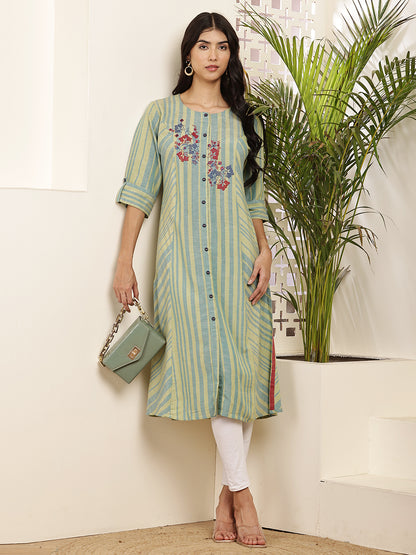 striped kurti with floral embroidery
