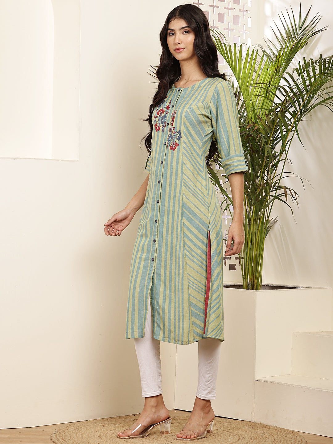 striped kurti with floral embroidery